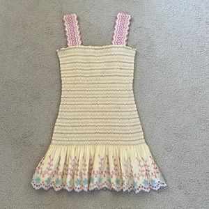LoveShackFancy Yellow Mini Dress with Pink Straps and Pastel Embroidery
